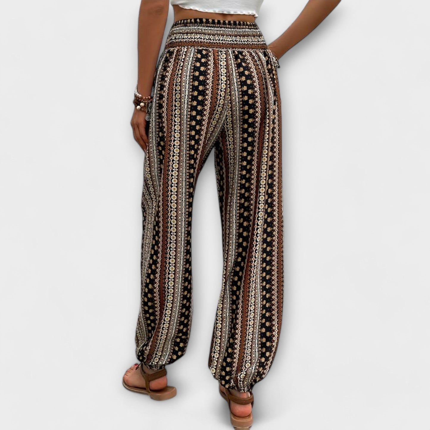 Pantalones de Estampado Rayado Boho sin Esfuerzo para Mujeres con Cintura Alta y Botones en la Parte Frontal, Estilo Relajado y Ajustado