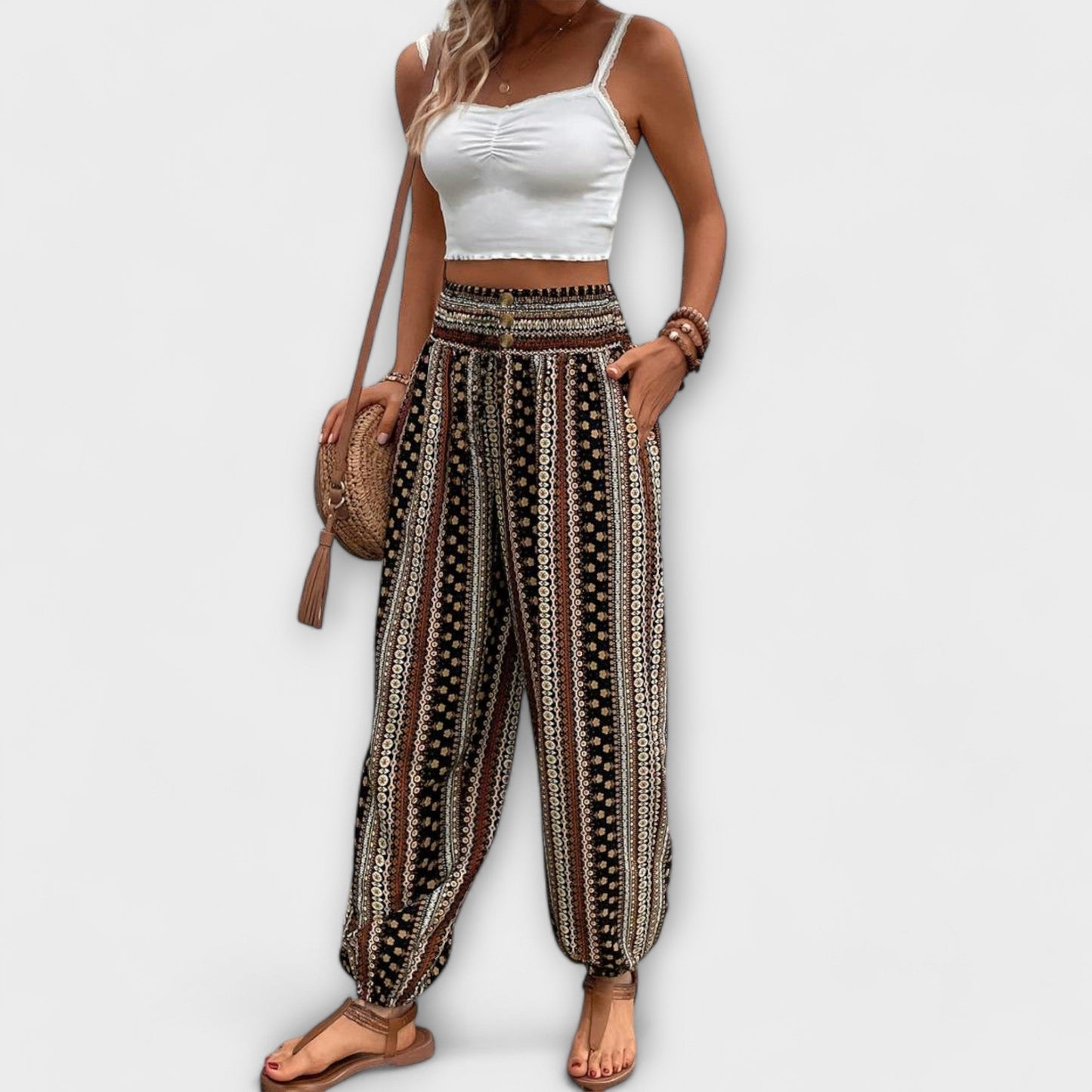 Pantalones de Estampado Rayado Boho sin Esfuerzo para Mujeres con Cintura Alta y Botones en la Parte Frontal, Estilo Relajado y Ajustado