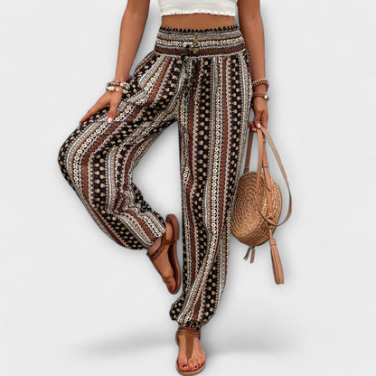Pantalones de Estampado Rayado Boho sin Esfuerzo para Mujeres con Cintura Alta y Botones en la Parte Frontal, Estilo Relajado y Ajustado