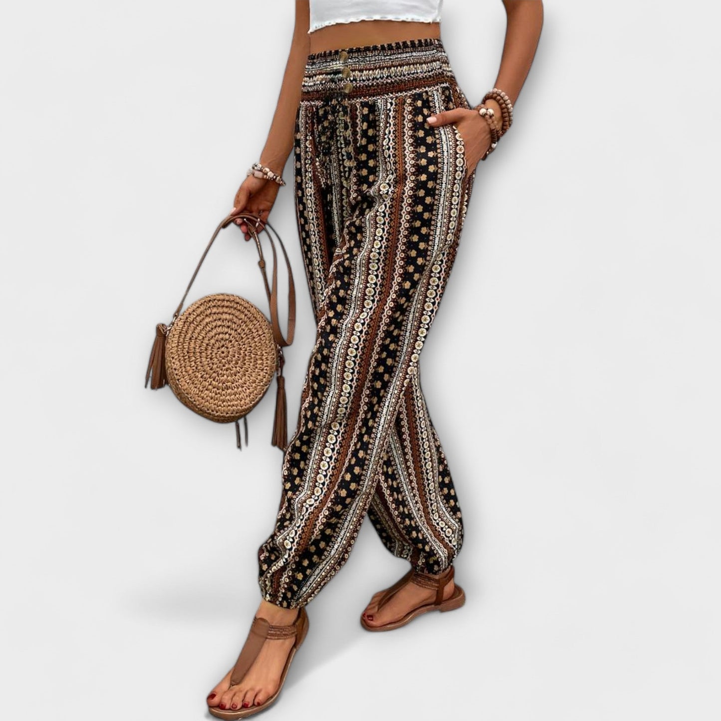 Pantalones de Estampado Rayado Boho sin Esfuerzo para Mujeres con Cintura Alta y Botones en la Parte Frontal, Estilo Relajado y Ajustado
