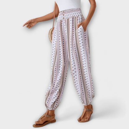 Pantalones de Estampado Rayado Boho sin Esfuerzo para Mujeres con Cintura Alta y Botones en la Parte Frontal, Estilo Relajado y Ajustado