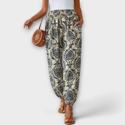 Pantalones de Estampado Rayado Boho sin Esfuerzo para Mujeres con Cintura Alta y Botones en la Parte Frontal, Estilo Relajado y Ajustado