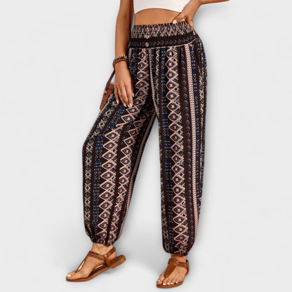 Pantalones de Estampado Rayado Boho sin Esfuerzo para Mujeres con Cintura Alta y Botones en la Parte Frontal, Estilo Relajado y Ajustado