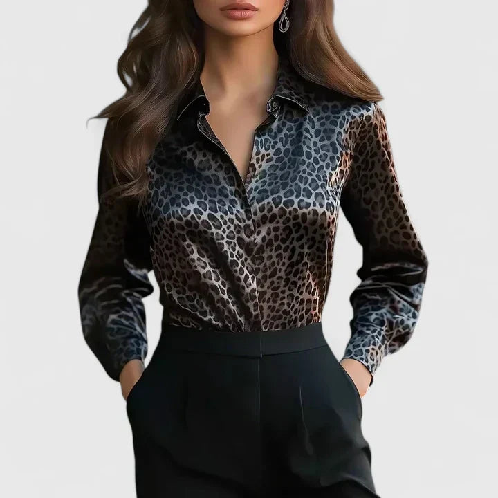 Blusa de Satén con Estampado Animal Elegante para Mujeres con Cuello, Manga Larga, Botones en la Parte Frontal, Estilo Relajado y Sedoso